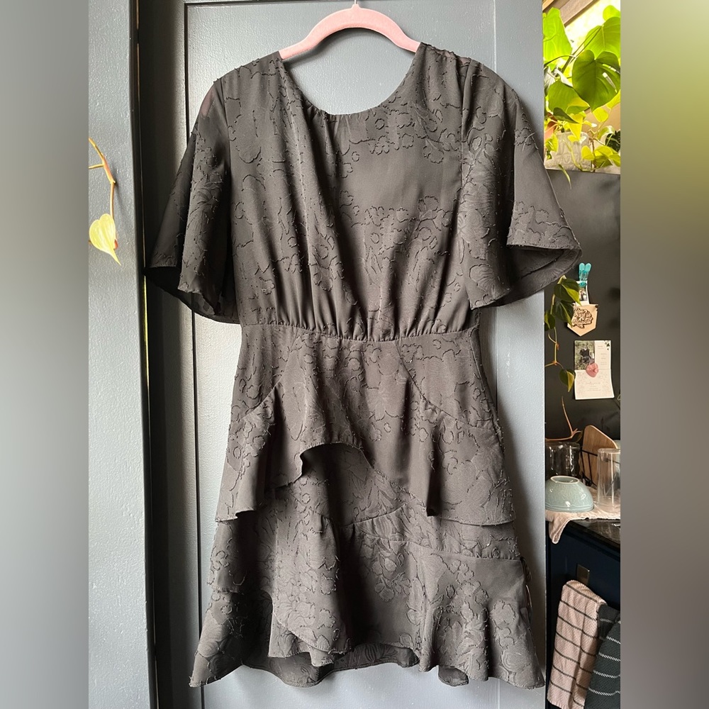 Open Back Black Cocktail Mini Dress Small Sheer Burnout Lace Ruffle LBD Boutique